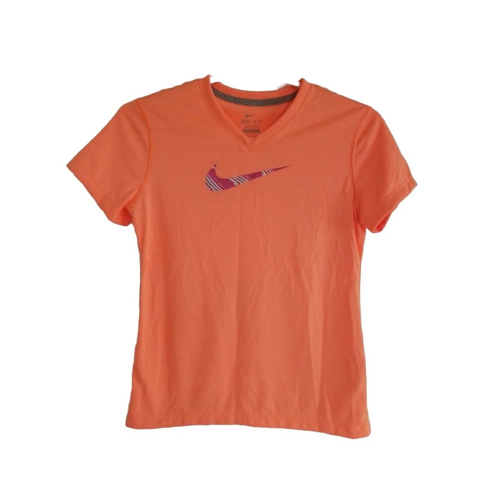 NIKE Dri Fit Girls Bright Orange Purple Logo Size L Large T Shirt 100% Polyester